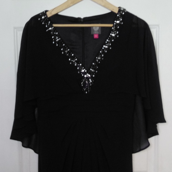 New Vince Camuto Navy Beaded Neckline Capelet Gown Size 6 - Picture 6 of 14